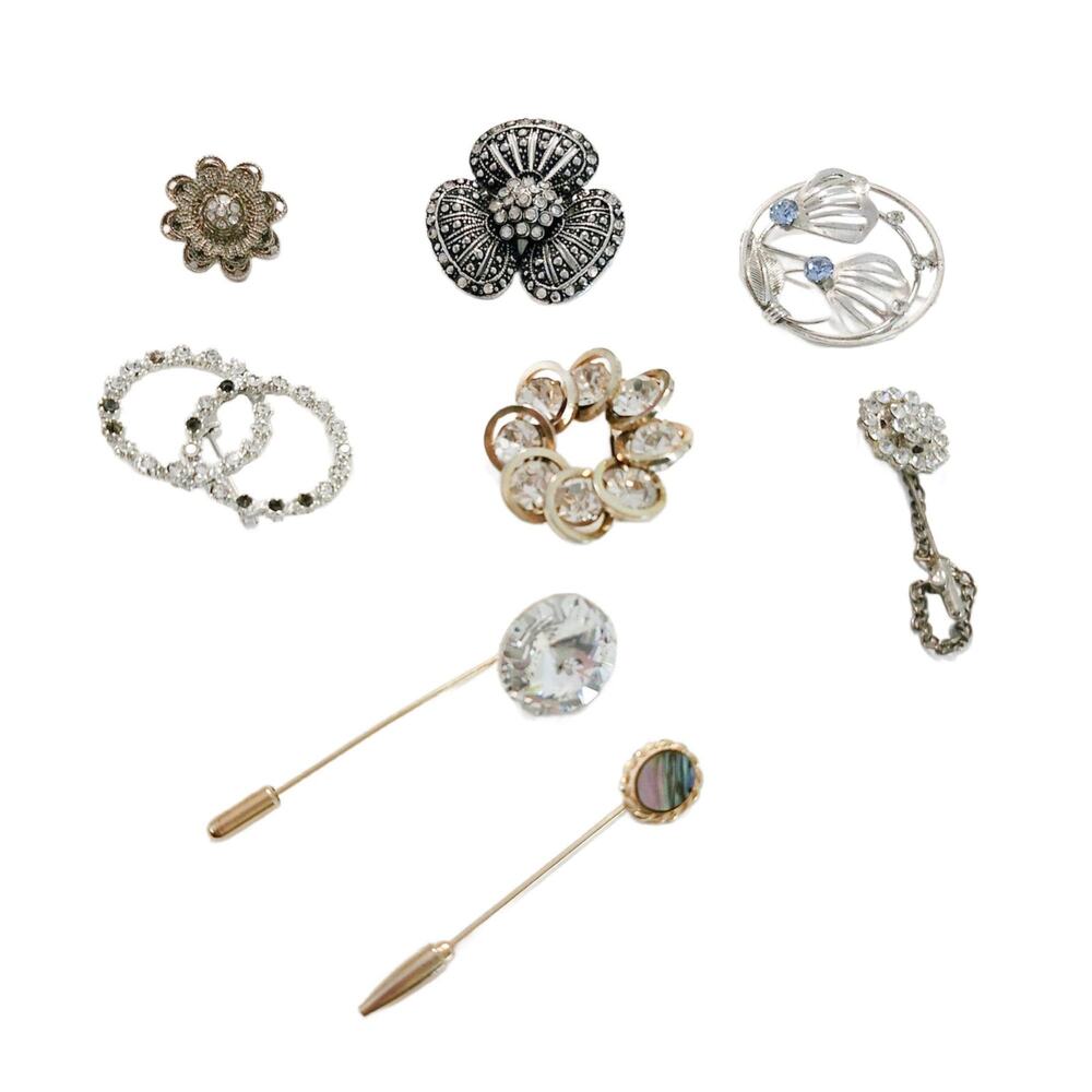 Vintage Crystal Brooch Lot of 8, Vintage Lapel Pin Bundle